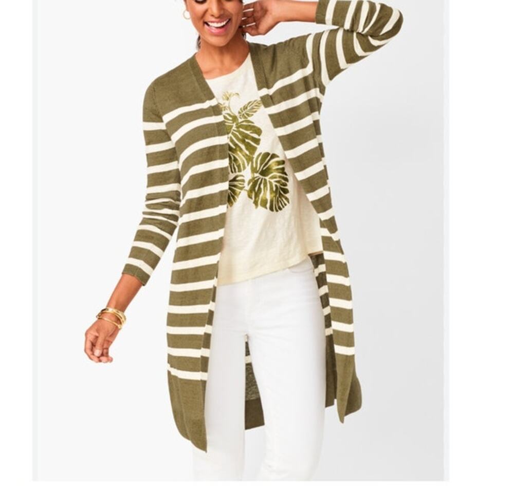 Talbots sweater 1X long line open duster cardigan rib knit olive green stripe